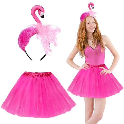 MQIAN Flamingo Kostüm Damen, Flamingo Haarreif, Karneval Kostüm Damen, Tüllrock Damen Pink, Kostüm Damen Fasching, Hawaii Kostüm Damen, Stirnband Flamingo für Hawaii Karneval Fasching Party von MQIAN