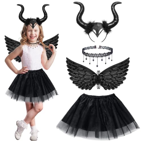 MQIAN Maleficent Kostüm Kinder Mädchen, Königin Hörner Kostüm Kinder, Maleficent Hörner Kostüm Für Karneval Fasching Kostümparty Rollenspiele von MQIAN