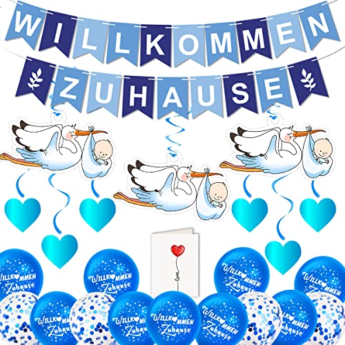 Willkommen Zuhause Baby, Vormontiert Willkommen Zuhause Banner, Welcome Home Baby, Mit 6 Stück Storch Zur Geburt, Willkommen Balloon, Baby Geburt Deko von MQIAN