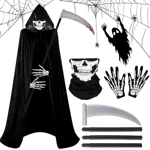 MQIAN Sensenmann Kostüm, Halloween Umhang Schwarz, Sensenmann Umhang Mit Kapuze, Sensenmann Kostüm Herren Damen, Halloween Kostüm Mit Schädelmaske, Sense, Skelett Handschuhe, Umhang von MQIAN