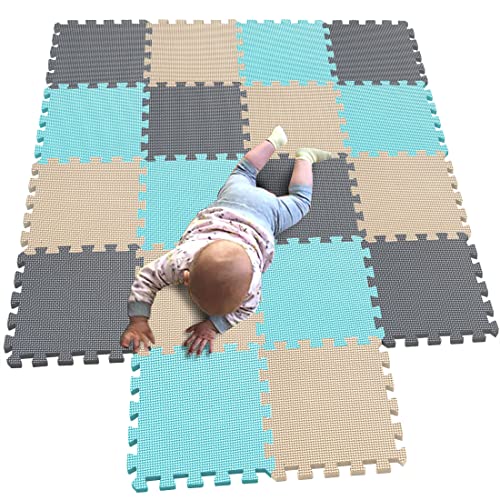 MQIAOHAM 18 Pieces krabbeldecke wasserdicht Teppich Kinder Matte für Baby Puzzle Boden matten Play Gym puzzlematten spielmatten Schaum puzzlematte Kleinkind Schaumstoff Grün Beige Grau 108110112 von MQIAOHAM