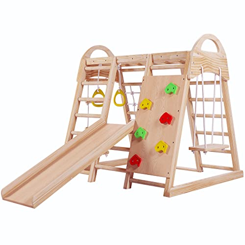 Klettergerüst Indoor, 7-in-1 Multifunktions-Klettergerüst, Massivholz kletterdreieck, Schaukel, Kletterleiter, Rutsche, Kletternetz, Kletterstein aus Kunststoff, Kann als Zelthaus, für Kinder 3+ Jahre von MQLAE