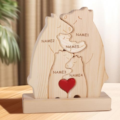 MQVXT Personalisiertes Holz Kunstpuzzle der Bärenfamilie,Bären Familie Holz Puzzle Skulptur,Bärenfamilie aus Holz Kunst Puzzle,Home Tischdekoration Geschenk für Familie Andenken Geschenke (5 Stück) von MQVXT