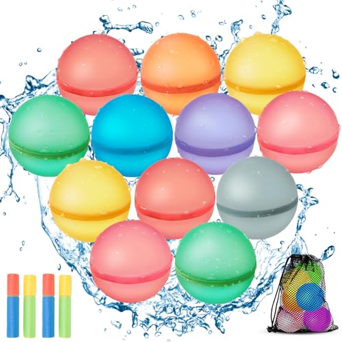 MQVXT 12 Stück Wiederverwendbare Wasserballons,Wasserbomben Selbstdichtend,Silikon Magnet Wasserbomben für Kinder Erwachsene mit 1 Mesh Bag,4 Wasserspritzpistole Schaumstoff von MQVXT