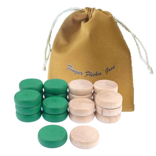 Crokinole Europe - Crokinole Turniersteine - Set mit 13 Holzspielsteinen und 13 grünen Spielsteinen, Offizielle Größe 1-1/4", Inklusive Tasche, Carrom-Alternative von MR. CROKI.EU