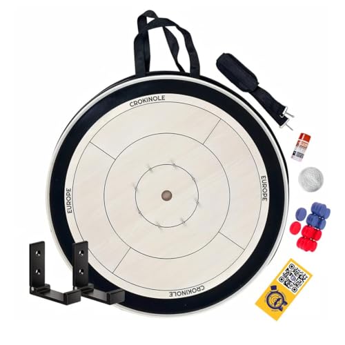 Crokinole Europe Komplettes Crokinole Brettspiel Dark Pack | Turnierbrett, 26 Spielscheiben, Carrom-Pulver, Wandhalterung und Tragetasche | Gesellschaftsspiel für die ganze Familie (Beige) von MR. CROKI.EU