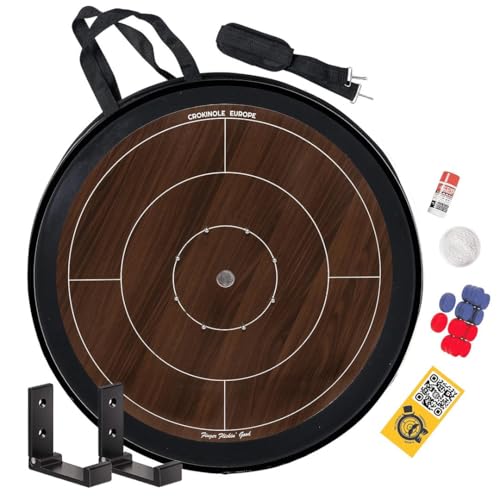 Crokinole Europe Komplettes Crokinole Brettspiel Dark Pack | Turnierbrett, 26 Spielscheiben, Carrom-Pulver, Wandhalterung und Tragetasche | Gesellschaftsspiel für die ganze Familie (Braun) von MR. CROKI.EU