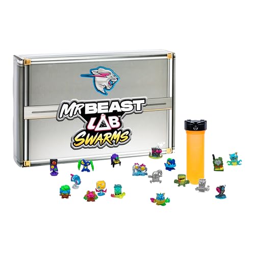 MrBeast Lab Swarms, Atomic-Serie, Exklusive Mega-Packung mit Geldkoffer, Experimentieren, Wasser hinzufügen, Reagenzglas schütteln, 2 der 18 Mini-Monster-Sammelfiguren von MrBeast Swarms enthüllen von MRBEAST LAB