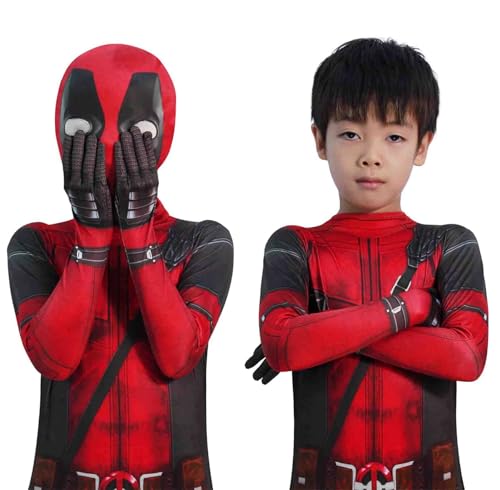 MRRTIME 2024 Halloween Heroes Jumpsuit Cosplay Costume 3D Print Bodysuit Outfit with Headwear for Boys Outfits Bodysuit daadpol costume for kids deadpol deadpoo costume kids 10-12 (Rot-kids, 100) von MRRTIME