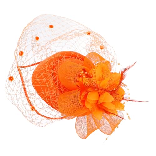 Fascinator Spitze Feder Hut für Frauen, Mesh-Kopf Blume HeadwearHeadband Bankett Hut Feder(Orange) von MRVAKDYDI