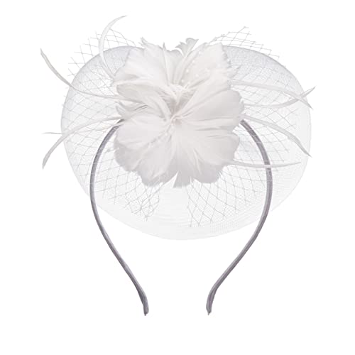 MRVAKDYDI Fascinator Spitze Feder Hut für Frauen, 1 stück Feder Haarnadel Die Hochzeit Schleier Stirnbänder Curler Vintage Haar Zubehör Kleidung Make-Up Glitter Mesh(White) von MRVAKDYDI