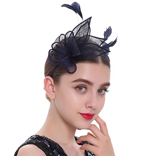 MRVAKDYDI Fascinator Spitze Feder Hut für Frauen, Damen Tea Party Derby Hüte Hochzeit Cocktail Jute Mesh Federn Kopfbedeckung Kirche Hüte(Dark Blue,1 count (Pack of 1)) von MRVAKDYDI