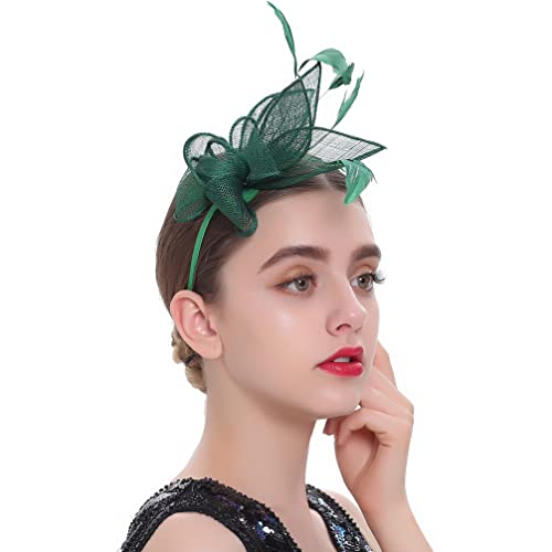 MRVAKDYDI Fascinator Spitze Feder Hut für Frauen, Damen Tea Party Derby Hüte Hochzeit Cocktail Jute Mesh Federn Kopfbedeckung Kirche Hüte(Dark Green,1 count (Pack of 1)) von MRVAKDYDI