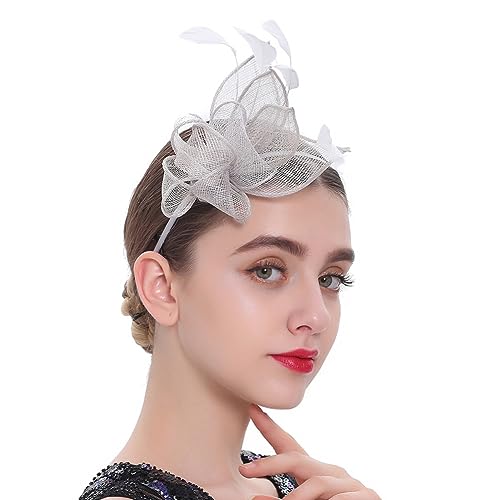 MRVAKDYDI Fascinator Spitze Feder Hut für Frauen, Damen Tea Party Derby Hüte Hochzeit Cocktail Jute Mesh Federn Kopfbedeckung Kirche Hüte(Grey,1 count (Pack of 1)) von MRVAKDYDI