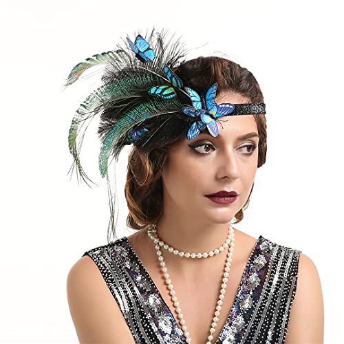 MRVAKDYDI Fascinator Spitze Feder Hut für Frauen, Elastisches Haarband mit Pfauenfeder und Schmetterling, 1920er Jahre Flapper-Feder-Stirnband, Perlen-Kopfbedeckung(Colorful) von MRVAKDYDI