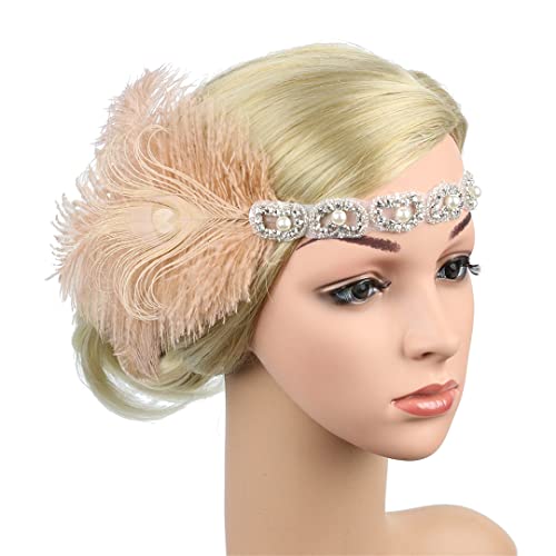 MRVAKDYDI Fascinator Spitze Feder Hut für Frauen, Flapper-Stirnbänder, Strass-Kopfschmuck mit Pfauenfeder-Haar-Accessoires, Showgirl-Kopfschmuck(Champagne) von MRVAKDYDI