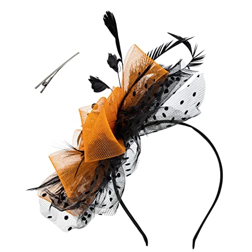 MRVAKDYDI Fascinator Spitze Feder Hut für Frauen, Grüne Fascinators for Frauen im 1920er-Jahre-Stil, Zubehör, Blumen-Mesh, Flapper-Stirnband, Fascinator-Hüte(Black Orange) von MRVAKDYDI