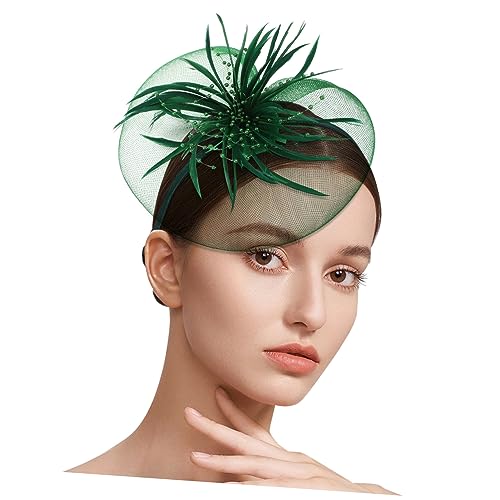 MRVAKDYDI Fascinator Spitze Feder Hut für Frauen, Mesh-Feder-Stirnband, Braut-Haarspange, Braut-Haar-Accessoires, Braut-Kopfschmuck(Dark greenx2pcs) von MRVAKDYDI