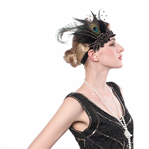 MRVAKDYDI Fascinator Spitze Feder Hut für Frauen, Vintage Elastisches Feder Stirnband Glänzend Perlen Appliziert 1920S Party Vintage Stirn Dekorationen von MRVAKDYDI