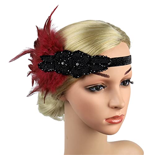 MRVAKDYDI Fascinator Spitze Feder Hut für Frauen, Vintage Feder Stirnband 1920er Jahre Kopfbedeckung Thema Ballkleider Kostüme Stirn Zubehör(Wine) von MRVAKDYDI