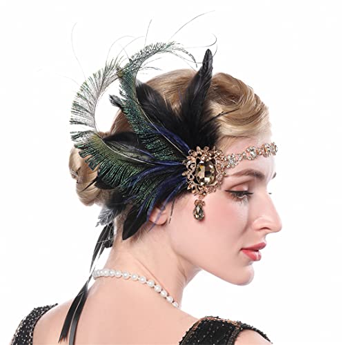 MRVAKDYDI Fascinator Spitze Feder Hut für Frauen, Vintage Frau elastische Feder Stirnband Strass 1920er Jahre Party Stirn Dekorationen von MRVAKDYDI