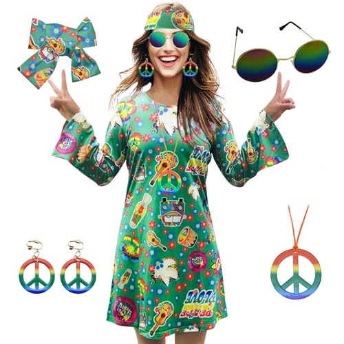 MRYUWB 70er-Hippie-Kleid-Kostüm, Halskette, Ohrringe, Sonnenbrille, Disco-Outfit, 60er-Jahre-Party-Kostüm, Halloween-Retro-Kleider (Hippie-Grün, Größe S) von MRYUWB