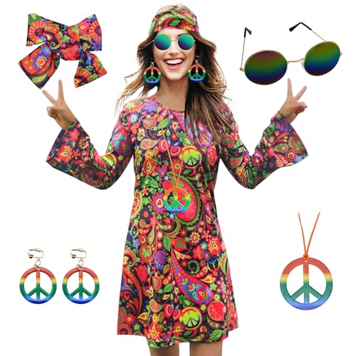 MRYUWB Hippie-Kleid für Damen, 70er-Jahrestil, Kostüm, Halskette, Ohrringen, Sonnenbrille, Disco-Outfit, 60er-Jahre-Partykostüm, Halloween-Retro-Kleid, Retro-Blumen, Größe S von MRYUWB