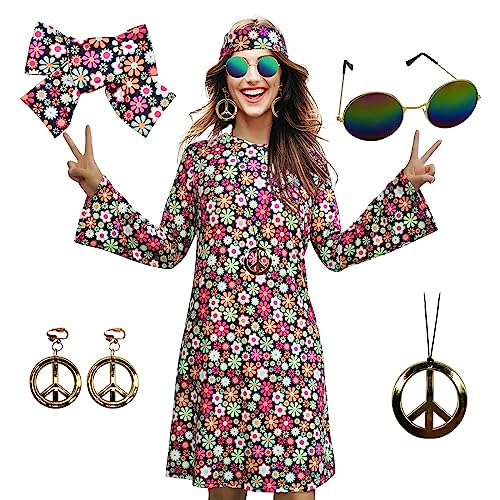 MRYUWB 70er-Hippie-Kleid-Kostüm für Damen, mit Halskette, Ohrringe, Sonnenbrille, Disco-Kostüm, 60er-Party-Kostüm, Halloween Retro-Kleider (Lebendiges Blumenmuster, L) von MRYUWB