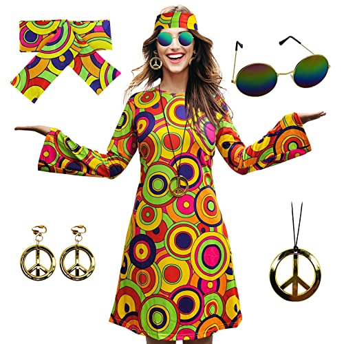 MRYUWB 70er Jahre Hippie Kleid Kostüme Halskette Ohrringe Sonnenbrille Frauen Disco Outfit, 60er Jahre Party Kostüm, Halloween Retro Kleider (Vintage Disc, 3XL) von MRYUWB