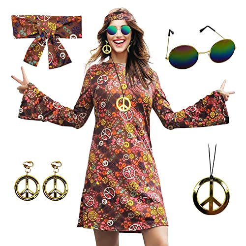 MRYUWB 70er-Hippie-Kostüm, Halskette, Ohrringe, Sonnenbrille, Disco-Outfit, 60er-Jahre-Party-Kostüm, Halloween-Retro-Kleider (Braun, L) von MRYUWB