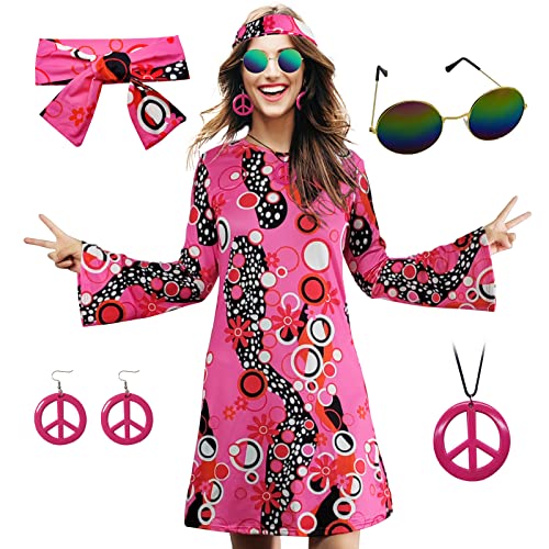 MRYUWB 70er-Hippie-Kleid-Kostüm für Damen, mit Halskette, Ohrringe, Sonnenbrille, Disco-Kostüm, 60er-Party-Kostüm, Halloween Retro-Kleider (Rosa, 3XL) von MRYUWB