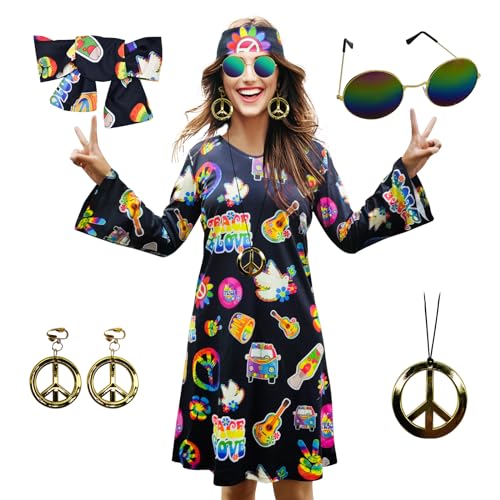 MRYUWB Damen-Hippie-Kleid, 1970er-Kostüm, mit Halskette, Ohrringen, Sonnenbrille, Disco-Outfit, 1960er-Party-Kostüm, Halloween-Retro-Kleid, Schwarz, Größe M von MRYUWB