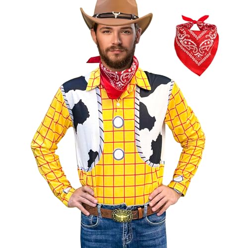 MRYUWB Western-Cowboy-Outfits für Herren, bedruckt, kariert, Hemd, Halstuch für Halloween, Kostüm, Cosplay, gelb, XL MRYUWB Western-Cowboy-Outfits für Herren, bedruckt, kariert, Hemd, Halstuch für Halloween, Kostüm, Cosplay, gelb, XL von MRYUWB