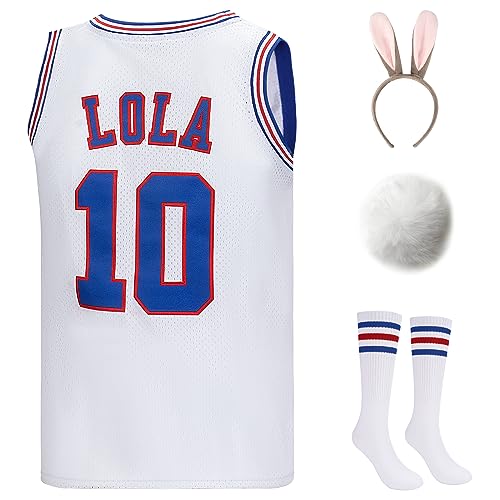 MS.ING Lola #10 Bunny Trikots Halloween Kostüme Set Weltraum Film Basketball Trikot mit Stirnband Kniestrümpfe Bunny Tail Ball (AS1, Alpha, L, Regular, Regular, Weiß-Kaninchen) von MS.ING