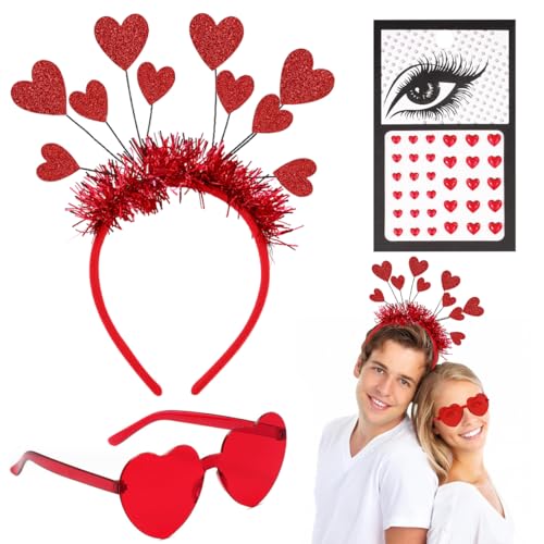 MSPEBEC haarreif herzen rot jga accessoires herz brille herzen haarreif glitzer herz brille party brille rot herz aufkleber kopfbedeckung valentinstag hochzeit zubehör JGA karneval kostüm von MSPEBEC