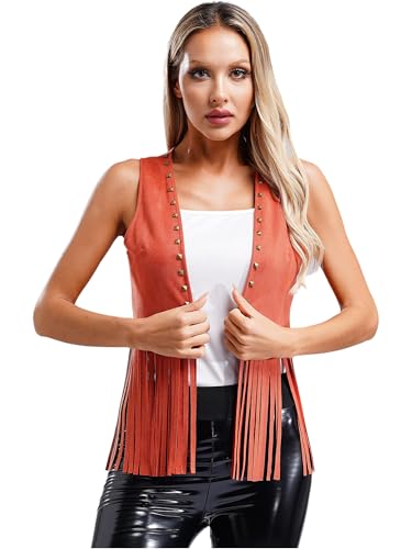 MSemis 60er 70er Jahre Hippie Weste Damen Ärmellos Weste Cardigan mit Fransen Retro Lange Strickjacke Vorne Offen Oberbekleidung Braun M von MSemis