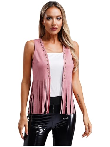 MSemis 60er 70er Jahre Hippie Weste Damen Ärmellos Weste Cardigan mit Fransen Retro Lange Strickjacke Vorne Offen Oberbekleidung Rosa XL von MSemis