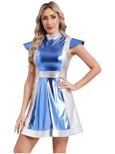 MSemis Alien Kostüm Damen Glänzend Metallic Minikleid Kurz Faltenkleid Disco Nachtclub Tanz Partykleid für Halloween Weihnachten Karneval Hellblau XL von MSemis