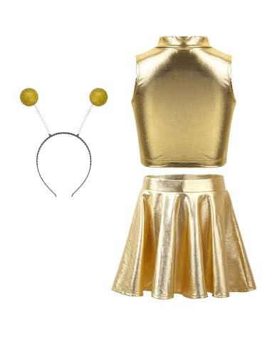 MSemis Alien Kostüm Set für Mädchen 3 Stück Metallic Ärmellos Crop Top mit Minirock Haarreif Halloween Party Clubwear Gold 110-116 von MSemis