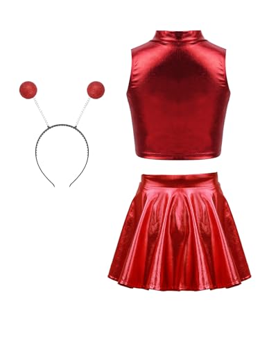 MSemis Alien Kostüm Set für Mädchen 3 Stück Metallic Ärmellos Crop Top mit Minirock Haarreif Halloween Party Clubwear Rot 110-116 von MSemis