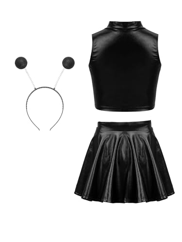 MSemis Alien Kostüm Set für Mädchen 3 Stück Metallic Ärmellos Crop Top mit Minirock Haarreif Halloween Party Clubwear Schwarz 110-116 von MSemis