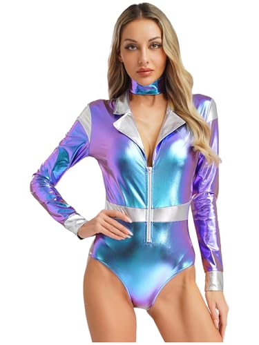 MSemis Alien Kostüm für Damen Metallic Body Astronauten Holographische Bodysuit Langarm Glänzend Bodysuit Umlegekragen Kostüm Rave Party Halloween Karneval Blau L MSemis Alien Kostüm für Damen Metallic Body Astronauten Holographische Bodysuit Langarm Glänzend Bodysuit Umlegekragen Kostüm Rave Party Halloween Karneval Blau L von MSemis