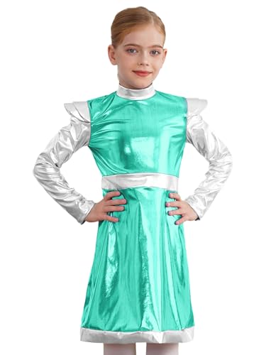 MSemis Alienkostüm für Kinder Metallic Festival Party Kleid Langarm Space Girl Kleid Midi Festival Kleid für Halloween Dress Up Minzgrün 122-128 von MSemis