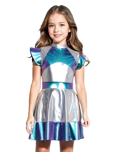 MSemis Astronautenkostüm Mädchen Kinder Alien Space Girl Metallic kleid Cap Sleeve Prinzessin Partykleid Verkleidung Blau 146-152 von MSemis