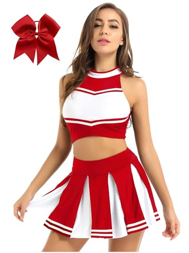 MSemis Cheer-leader Kostüm Damen Ärmellos Crop Top mit CHEER Bedruckt Minirock & Bowknot Headwear Für Karneval Party Fasching Outfits Set Rot L von MSemis