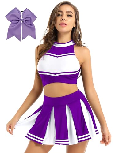 MSemis Cheer-leader Kostüm Damen Ärmellos Crop Top mit CHEER Bedruckt Minirock & Bowknot Headwear Für Karneval Party Fasching Outfits Set Violett M von MSemis