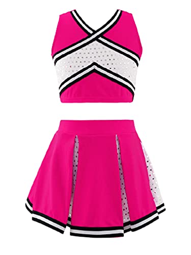 MSemis Cheer leader Kostüm Kinder Mädchen Cheerleading Uniform Cheerleadingkleid/Ärmellos Crop Top mit Minirock Halloween Tanzkostüm K Hot Pink 128 von MSemis