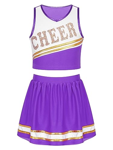 MSemis Cheer leader Kostüm Kinder Mädchen Cheerleading Uniform Cheerleadingkleid/Ärmellos Crop Top mit Minirock Halloween Tanzkostüm T Violett 158-164 von MSemis