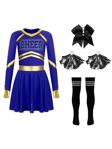 MSemis Cheer-leader Kostüm Kinder Mädchen Glittery Strass Langarm Cheerleading Uniform TanzKleid mit Zubehör für Karneval Blau 146-152 von MSemis