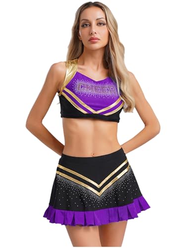MSemis Cheerleading-Outfit für Damen Kostüm Kleid Minirock mit Crop Top Uniform Karneval Fasching Party Halloween Violett XL MSemis Cheerleading-Outfit für Damen Kostüm Kleid Minirock mit Crop Top Uniform Karneval Fasching Party Halloween Violett XL von MSemis